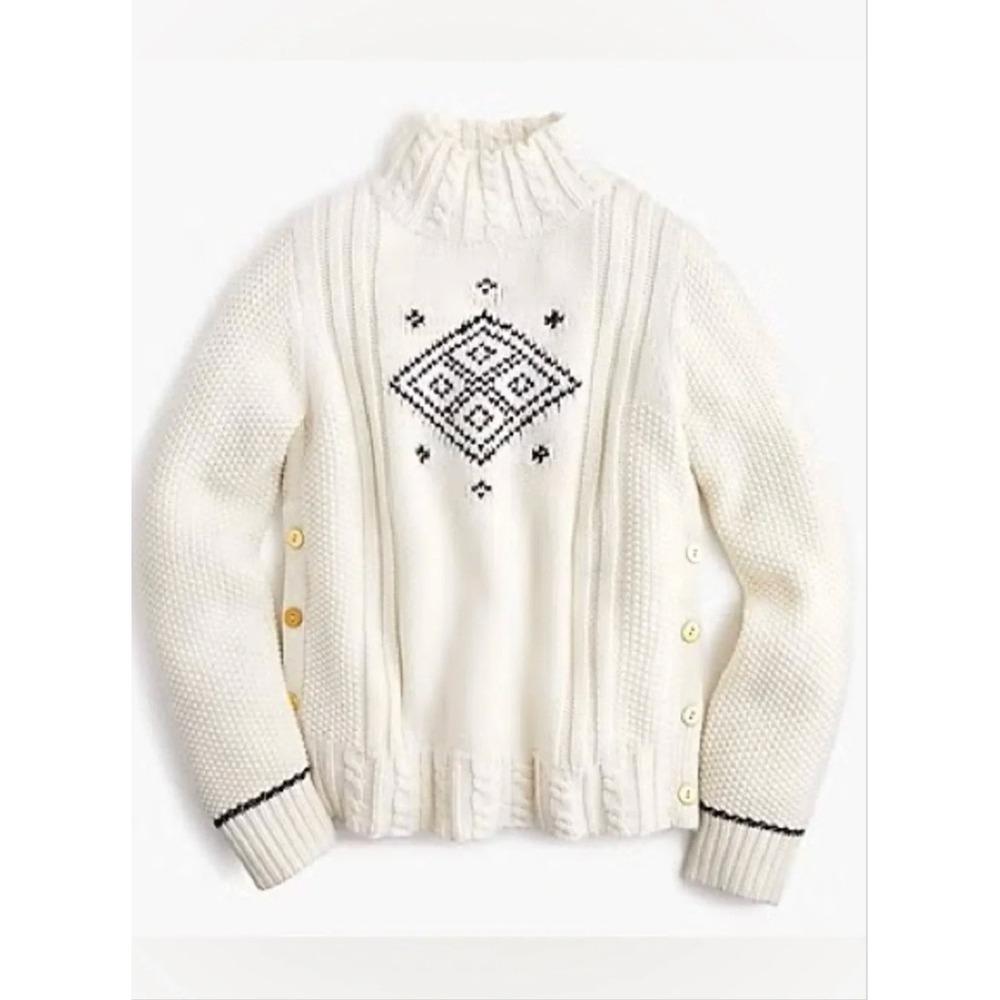 The Reeds J.Crew Women Cream Wool Blend Mock Neck Diamond Knit Sweater Large - Picture 2 of 10